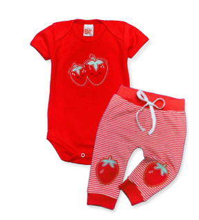 Conjunto Body/Calça Listrada sem pé Bordado Moranguinho