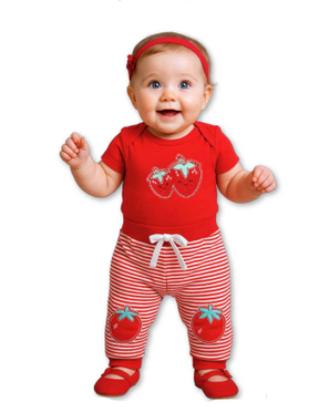 Conjunto Body/Calça Listrada sem pé Bordado Moranguinho