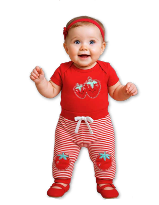 Conjunto Body/Calça Listrada sem pé Bordado Moranguinho