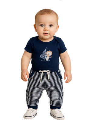 Conjunto Body/Calça Listrada Bordado Masculino