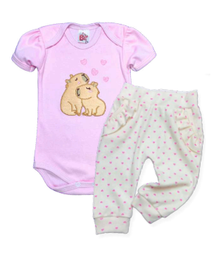 Conjunto Body/Calça sem pé estampa coração Bordado Feminino Infantil
